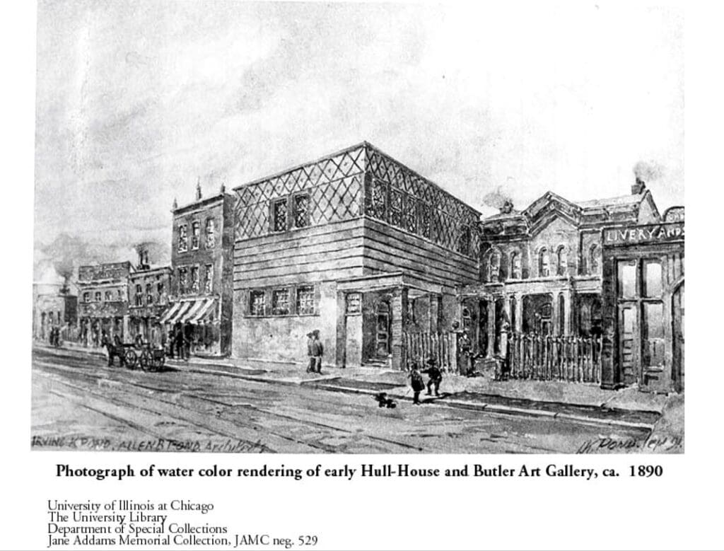 Watercolor rendering of early Hull-House and Butler Art Gallery, circa 1890. Street scene with people walking and horse-drawn carriage. Buildings have detailed architecture and fencing.