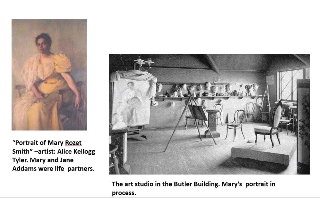 Left: A painted portrait of a woman in a yellow dress. Right: A black-and-white photo of an art studio, easels, chairs, and artwork, including a portrait in progress matching the painting.