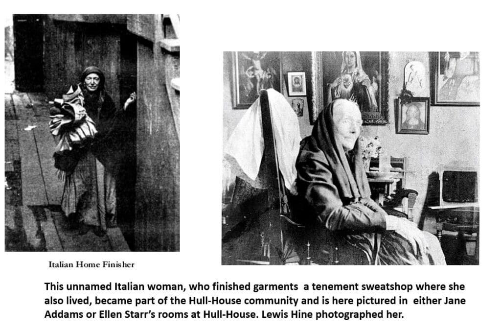 Left: A woman holding bundles of garments stands outside a building. Right: An elderly woman sits in a chair indoors, surrounded by framed photos and art on the wall.