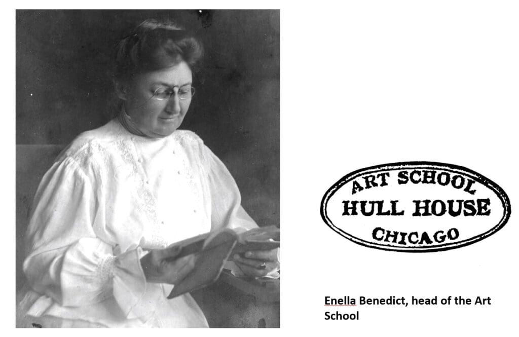 Black-and-white photo of a woman with glasses reading a book, wearing a light blouse. Next to her is an Art School Hull House Chicago logo and text: Enella Benedict, head of the Art School.