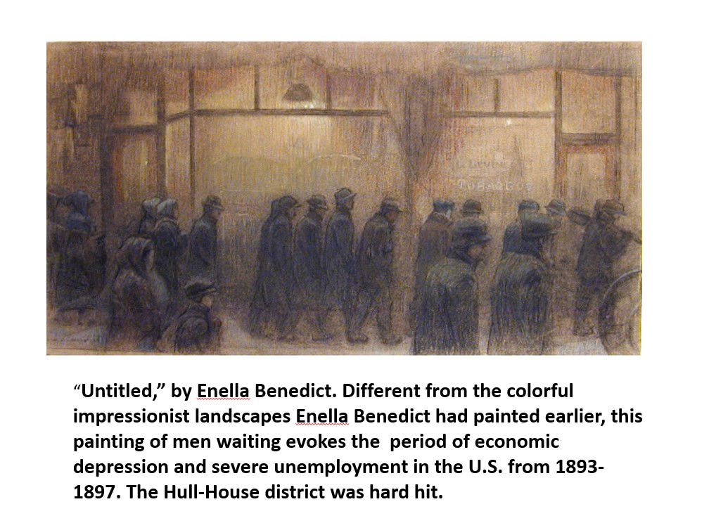 A sepia-toned painting shows a line of men in hats and coats waiting outside a building in an urban setting, conveying a somber mood of economic hardship.