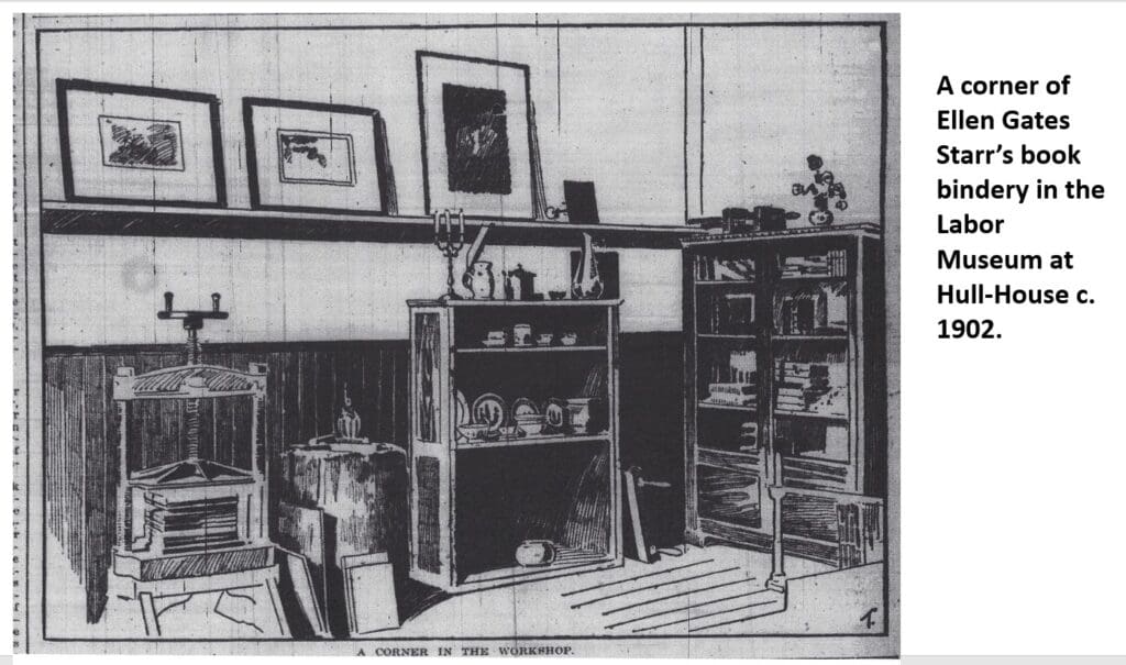 Black-and-white sketch of a workshop corner with a stove, shelves of books, framed art, and various tools. Caption describes it as Ellen Gates Starr’s book bindery at Hull-House Labor Museum, around 1902.