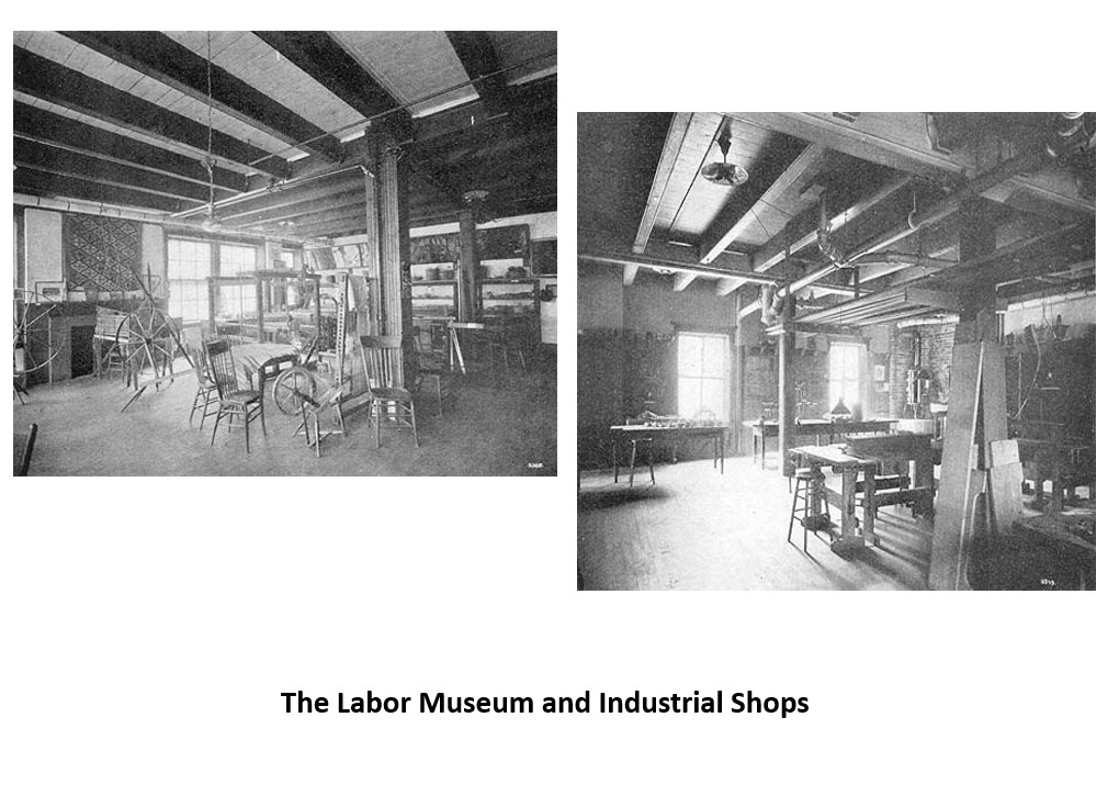 Two black-and-white photos show old workshop rooms with wooden beams, chairs, and worktables, displaying equipment and tools. Caption reads: The Labor Museum and Industrial Shops.