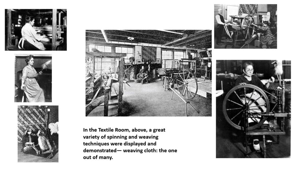 A collage shows people spinning and weaving in a textile room with various traditional machines. The central photo is a large workshop; surrounding images show individuals using spinning wheels and looms.