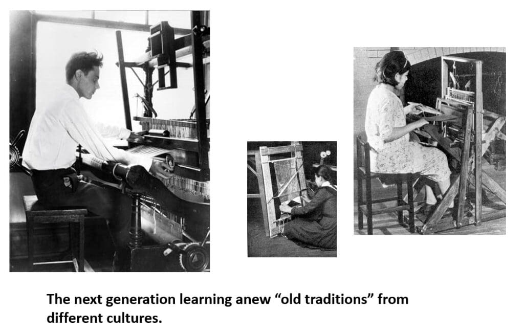 Three black-and-white photos of people weaving on looms, illustrating younger generations engaging in traditional weaving practices from diverse cultures.