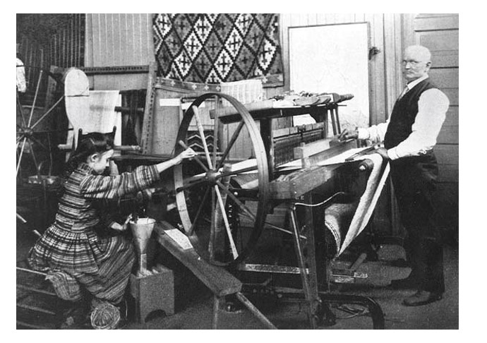 A woman operates a spinning wheel while a man stands beside a large loom with woven fabric, in a workshop with patterned textiles hanging on the wall.