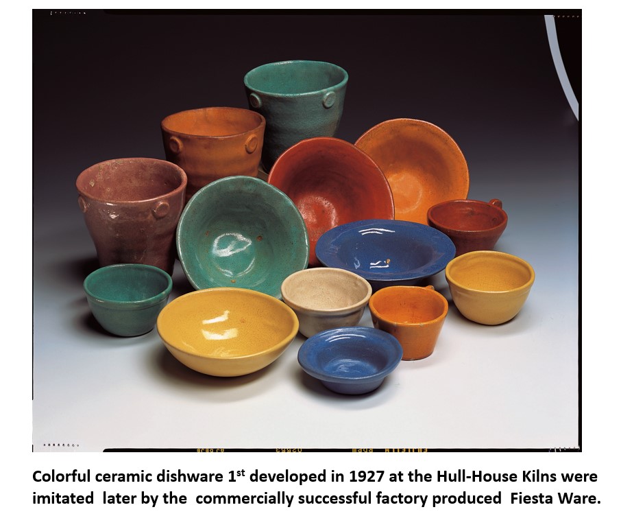 Assorted colorful ceramic bowls and pots are arranged in a group. A caption explains their origin and connection to Fiesta Ware.