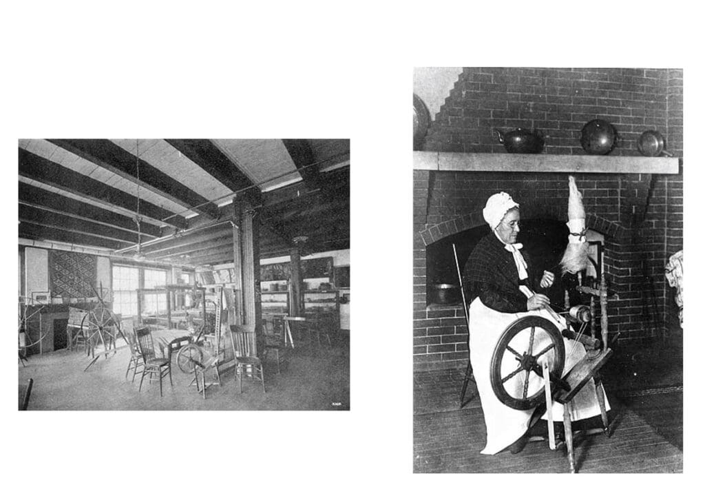 Left: A large room with several spinning wheels and chairs. Right: An older woman in period clothing using a spinning wheel in front of a brick fireplace.