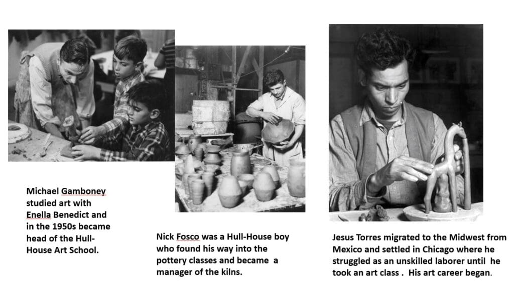 Three black-and-white photos: a teacher guides a child at pottery, a man shapes clay at a pottery wheel, and another man focuses on sculpting clay, each captioned with their journey in the Hull-House Art School.