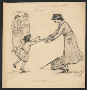 A woman with outstretched arms welcomes a young girl running toward her; two women watch in the background. A suitcase labeled Montana sits nearby. Text reads: That child needs a woman to look after her.