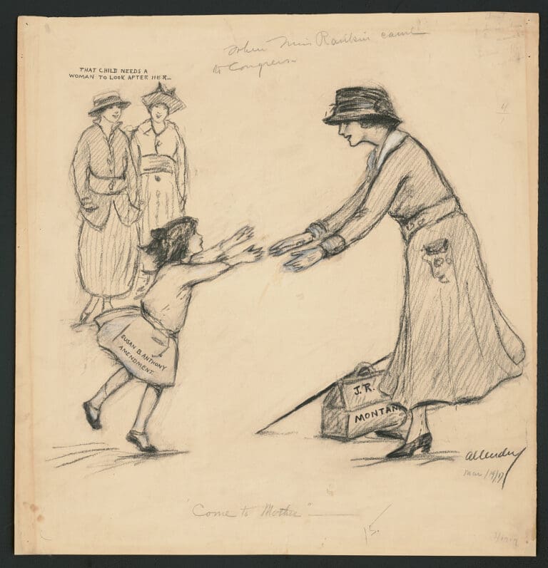 A woman with outstretched arms welcomes a young girl running toward her; two women watch in the background. A suitcase labeled Montana sits nearby. Text reads: That child needs a woman to look after her.
