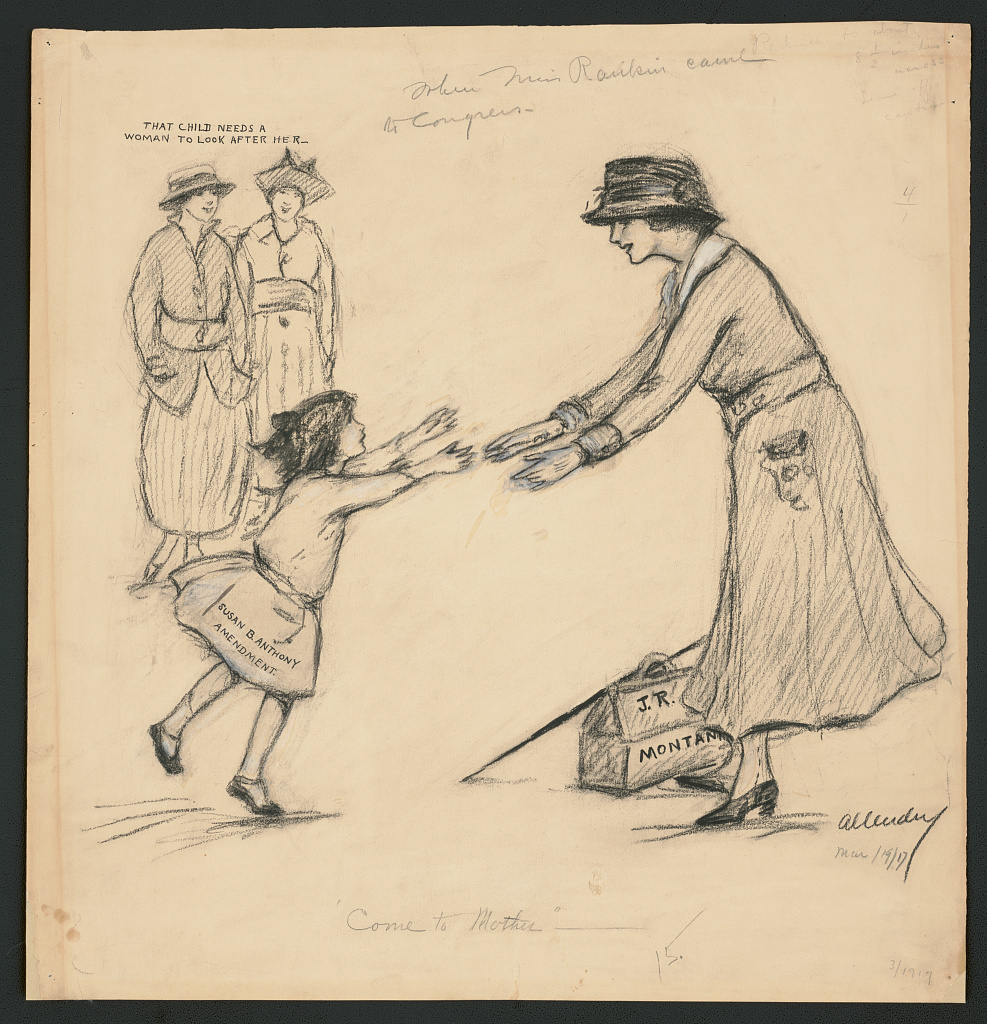 A woman with outstretched arms welcomes a young girl running toward her; two women watch in the background. A suitcase labeled Montana sits nearby. Text reads: That child needs a woman to look after her.