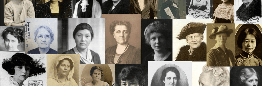 A collage of historical black-and-white and sepia portraits of women, each photographed individually, showcasing a variety of hairstyles, clothing, and expressions from different eras.