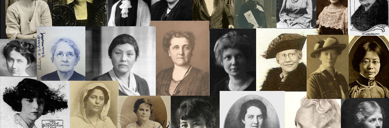 A collage of historical black-and-white and sepia portraits of women, each photographed individually, showcasing a variety of hairstyles, clothing, and expressions from different eras.