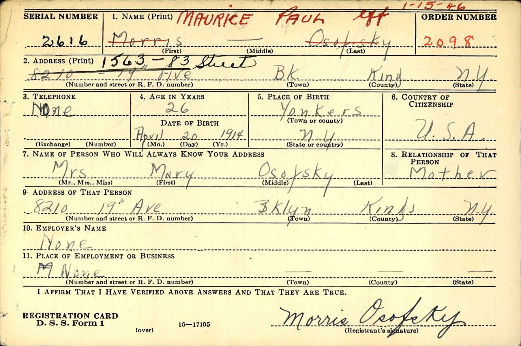 A vintage registration card filled out by hand for Maurice Osafsky, dated 1940s, listing personal details such as address, age, birthdate, place of birth, and emergency contact.
