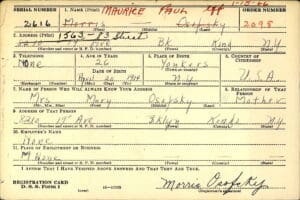 A vintage registration card filled out by hand for Maurice Osafsky, dated 1940s, listing personal details such as address, age, birthdate, place of birth, and emergency contact.