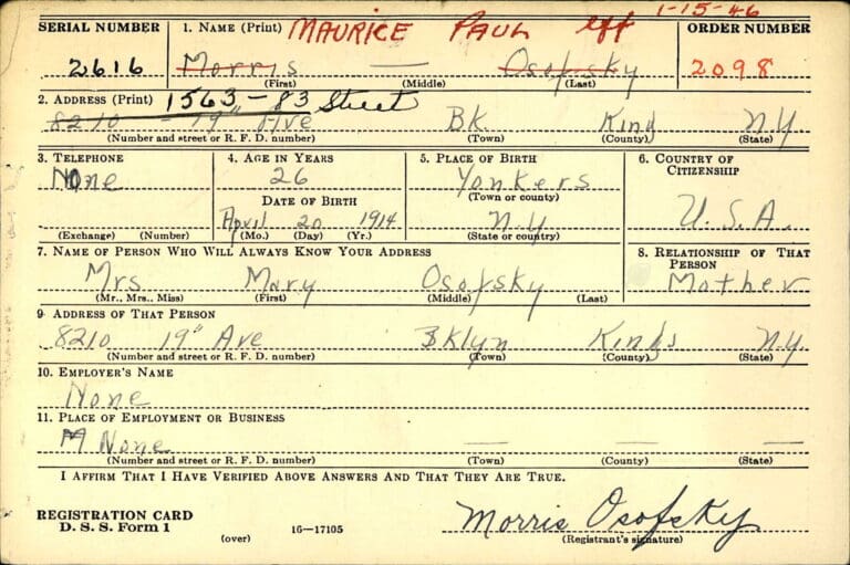 A vintage registration card filled out by hand for Maurice Osafsky, dated 1940s, listing personal details such as address, age, birthdate, place of birth, and emergency contact.