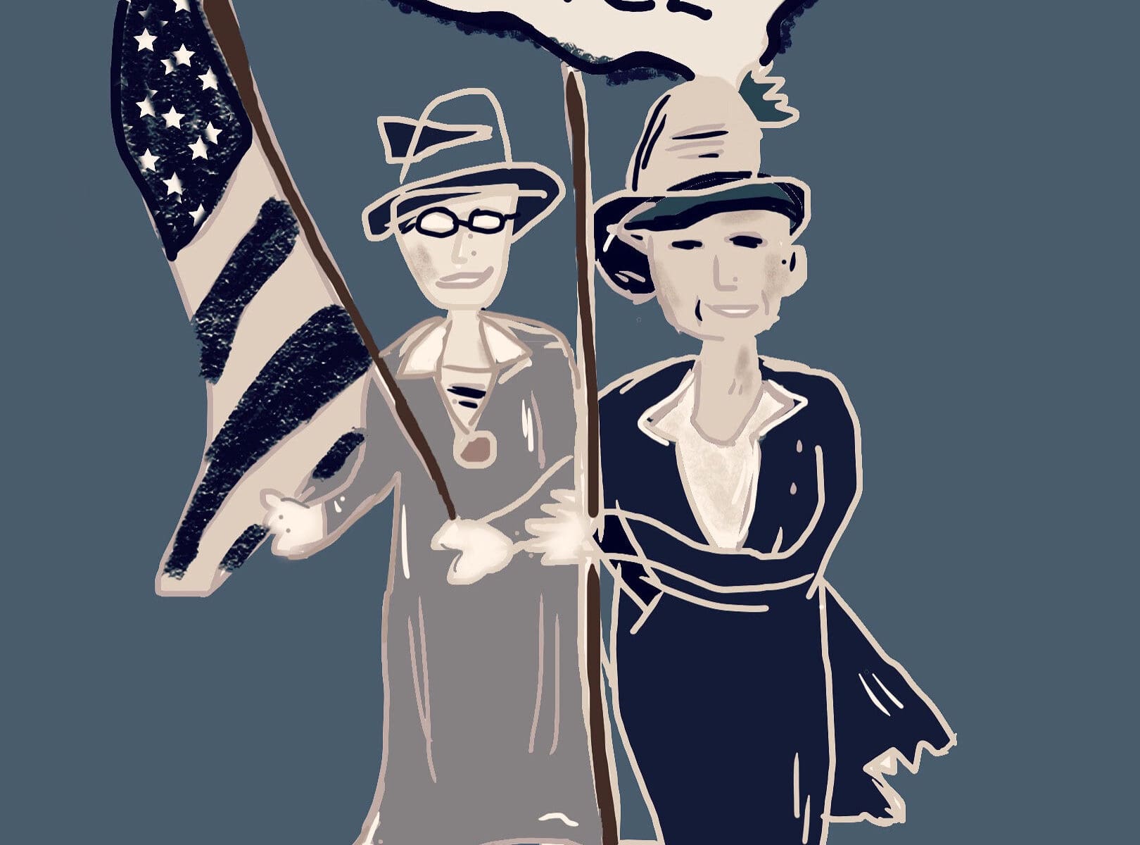 Two people in vintage clothing hold an American flag and a PEACE sign. Both wear hats and glasses, and appear to be participating in a peaceful protest or demonstration.