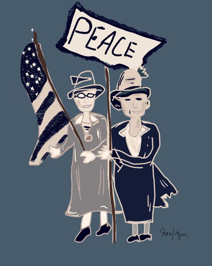 Two people in vintage clothing hold an American flag and a PEACE sign. Both wear hats and glasses, and appear to be participating in a peaceful protest or demonstration.