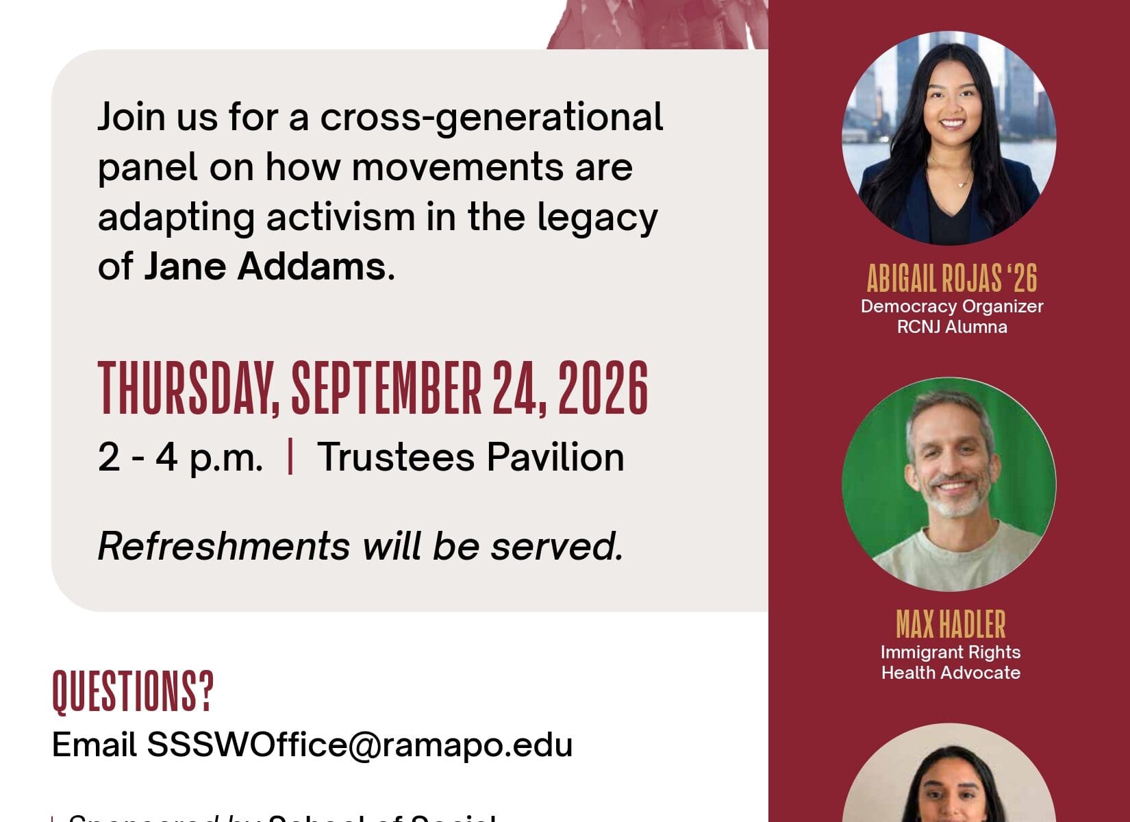 Event flyer for The Social Justice Spectrum panel hosted by Womens International League for Peace and Freedom, with speakers photos, event details, contact info, and logos.