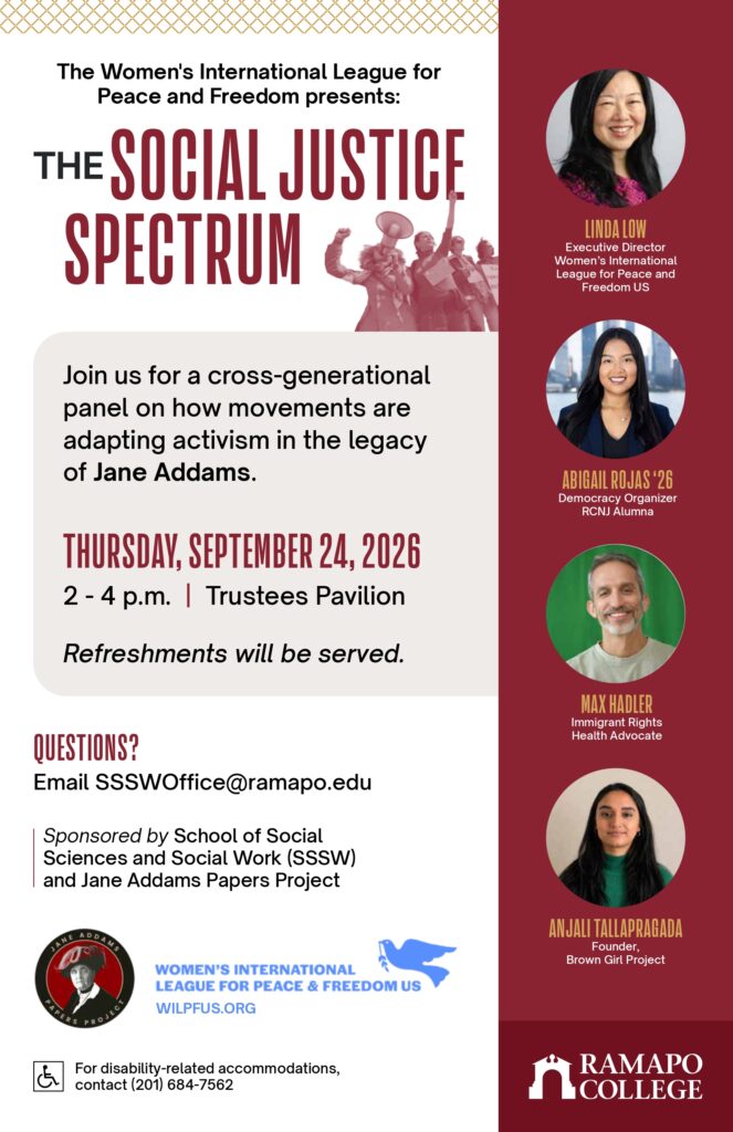Event flyer for The Social Justice Spectrum panel hosted by Womens International League for Peace and Freedom, with speakers photos, event details, contact info, and logos.